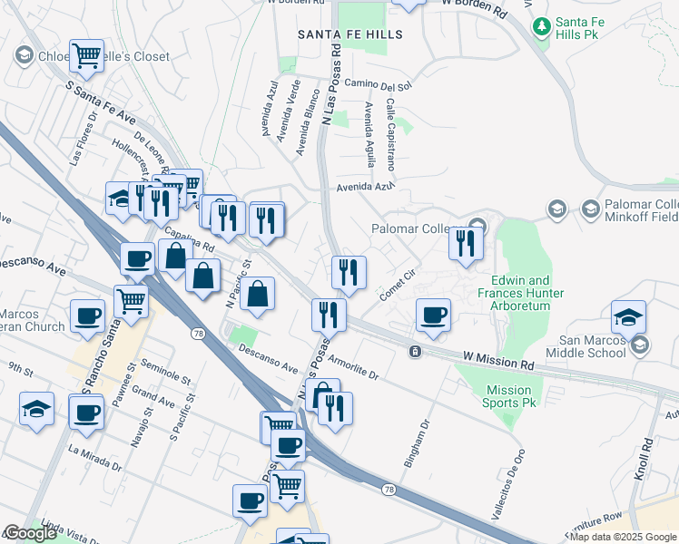 map of restaurants, bars, coffee shops, grocery stores, and more near 354 North Las Posas Road in San Marcos