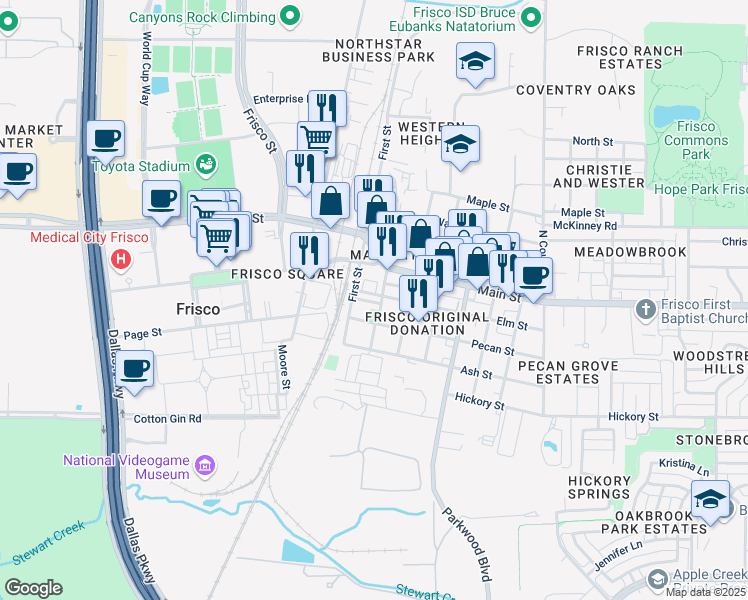 map of restaurants, bars, coffee shops, grocery stores, and more near 6674 Half Elm Street in Frisco