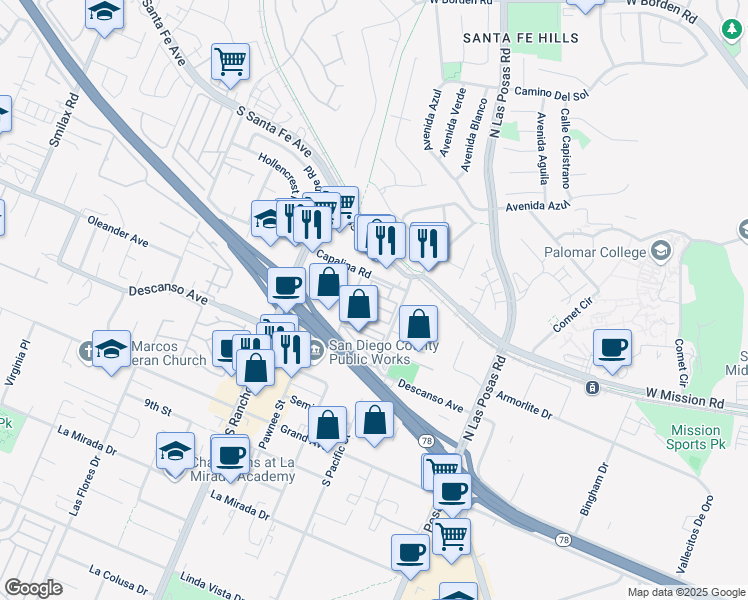 map of restaurants, bars, coffee shops, grocery stores, and more near 1515 Capalina Road in San Marcos
