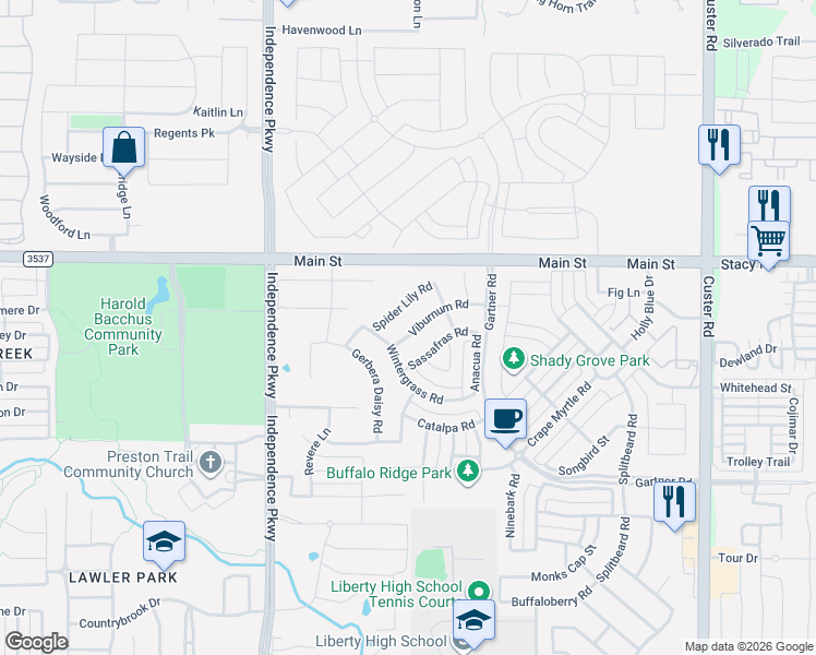 map of restaurants, bars, coffee shops, grocery stores, and more near 15059 Spider Lily Road in Frisco