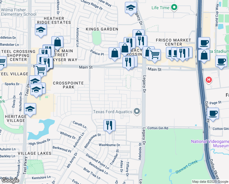 map of restaurants, bars, coffee shops, grocery stores, and more near 4142 Wellesley Avenue in Frisco