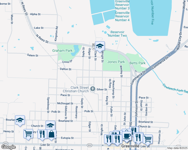 map of restaurants, bars, coffee shops, grocery stores, and more near 3308 Gillespie Street in Greenville