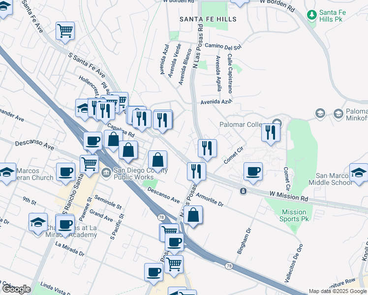 map of restaurants, bars, coffee shops, grocery stores, and more near 2206 Saltbush Drive in San Marcos