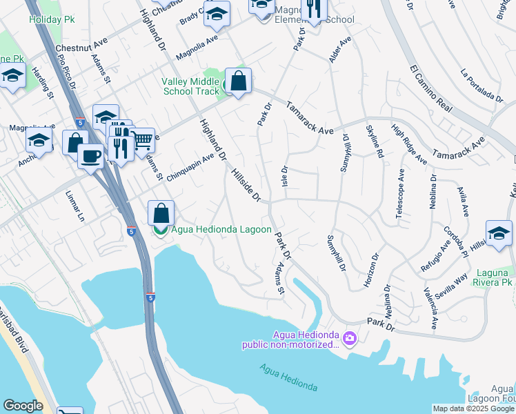 map of restaurants, bars, coffee shops, grocery stores, and more near 4275 Hillside Drive in Carlsbad