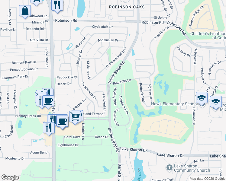 map of restaurants, bars, coffee shops, grocery stores, and more near 6616 Hayling Way in Corinth