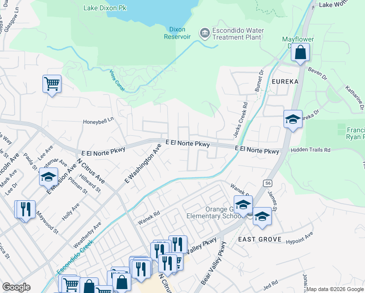 map of restaurants, bars, coffee shops, grocery stores, and more near 2737 Cameron Place in Escondido
