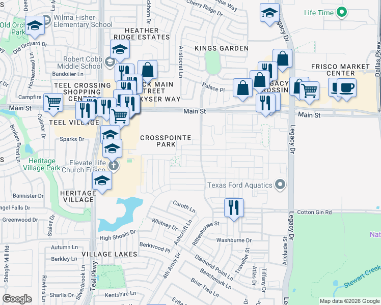map of restaurants, bars, coffee shops, grocery stores, and more near 3696 Wellesley Avenue in Frisco