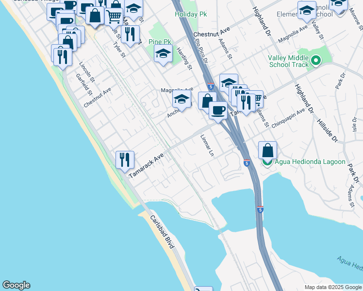 map of restaurants, bars, coffee shops, grocery stores, and more near 447 Tamarack Avenue in Carlsbad