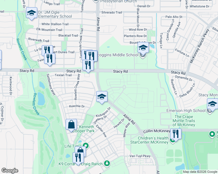map of restaurants, bars, coffee shops, grocery stores, and more near 7308 Chief Spotted Tail Drive in McKinney