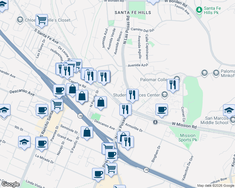map of restaurants, bars, coffee shops, grocery stores, and more near 2206 Saltbush Drive in San Marcos