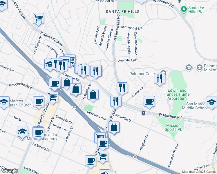 map of restaurants, bars, coffee shops, grocery stores, and more near 2207 Saltbush Drive in San Marcos