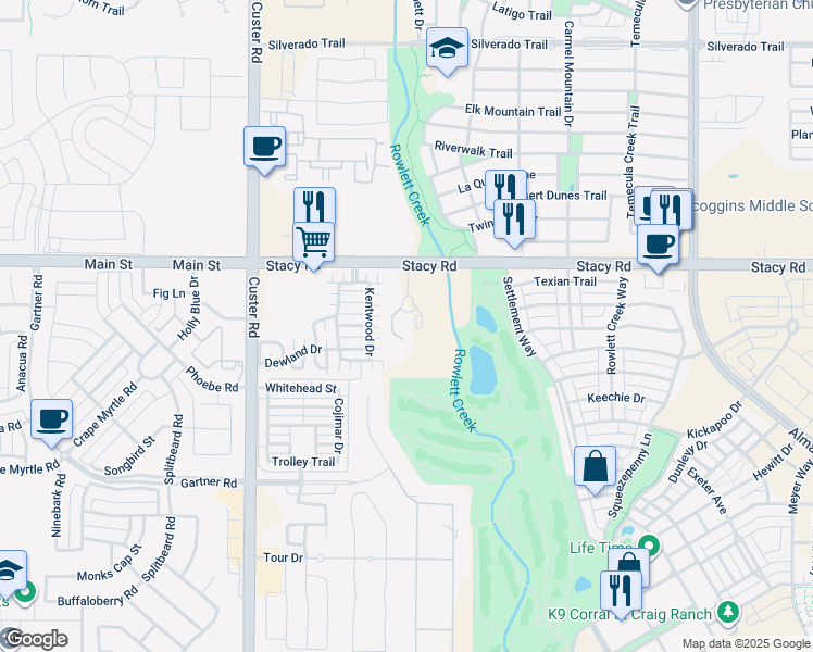 map of restaurants, bars, coffee shops, grocery stores, and more near 8411 Stacy Road in McKinney