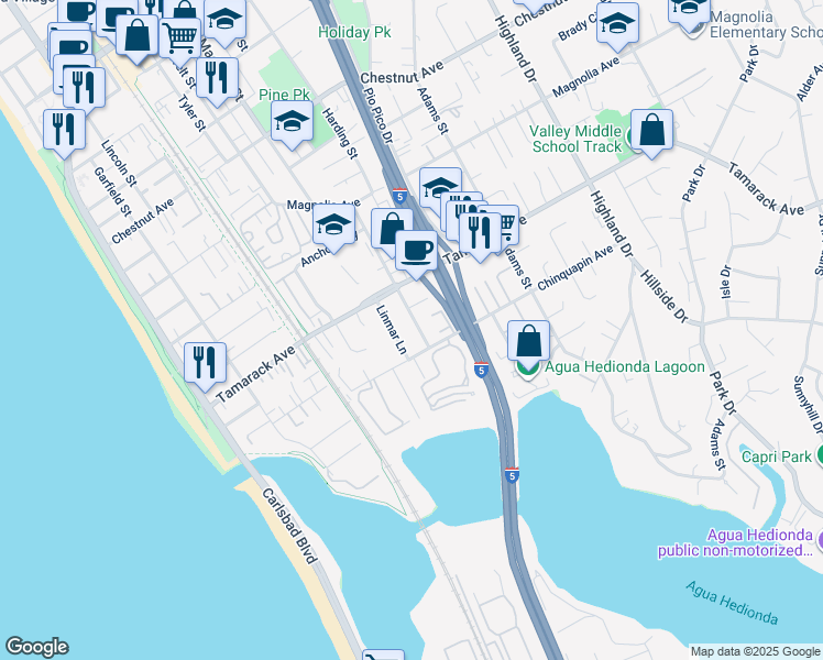 map of restaurants, bars, coffee shops, grocery stores, and more near 3967 Jefferson Street in Carlsbad