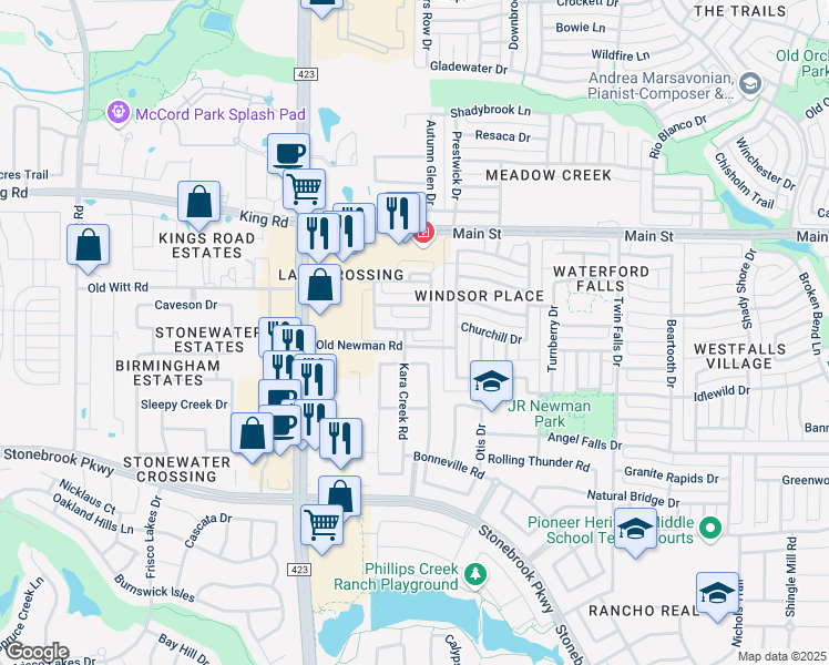 map of restaurants, bars, coffee shops, grocery stores, and more near 643 Kimblewick Drive in Frisco