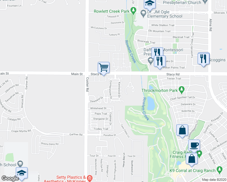 map of restaurants, bars, coffee shops, grocery stores, and more near Grassland Drive in McKinney