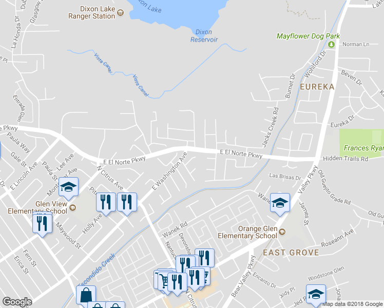 map of restaurants, bars, coffee shops, grocery stores, and more near 2628 Obrien Place in Escondido
