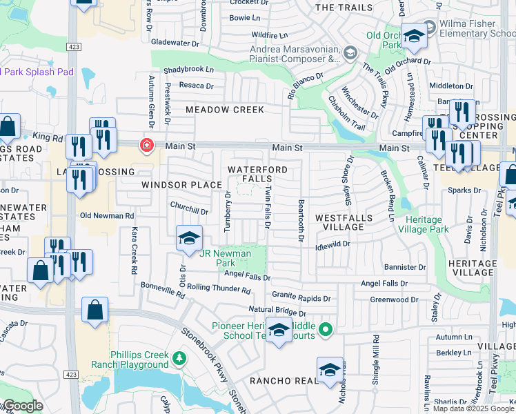 map of restaurants, bars, coffee shops, grocery stores, and more near 1451 Bent Tree Drive in Frisco