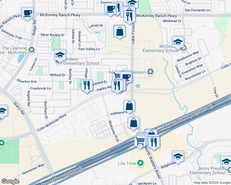 map of restaurants, bars, coffee shops, grocery stores, and more near 5231 Collin McKinney Parkway in McKinney