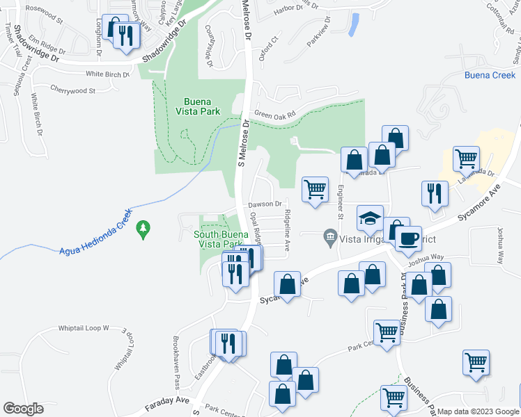 map of restaurants, bars, coffee shops, grocery stores, and more near 1593 Dawson Drive in Vista