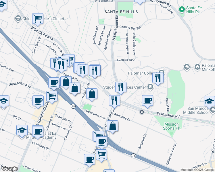 map of restaurants, bars, coffee shops, grocery stores, and more near 2206 Saltbush Drive in San Marcos