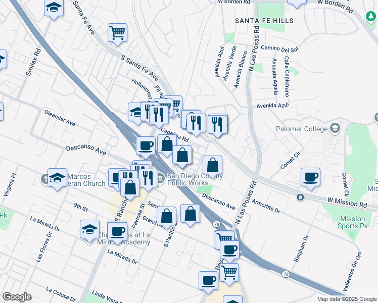map of restaurants, bars, coffee shops, grocery stores, and more near 1515 Capalina Road in San Marcos