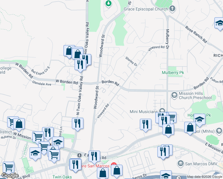 map of restaurants, bars, coffee shops, grocery stores, and more near 604 Sirginson Road in San Marcos