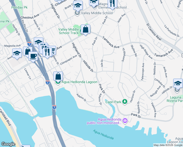 map of restaurants, bars, coffee shops, grocery stores, and more near 4269 Hillside Drive in Carlsbad