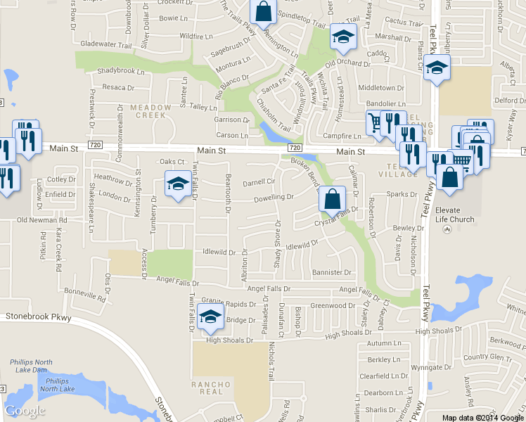 map of restaurants, bars, coffee shops, grocery stores, and more near 1944 Thorndale Circle in Frisco