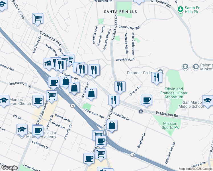 map of restaurants, bars, coffee shops, grocery stores, and more near 2207 Saltbush Drive in San Marcos