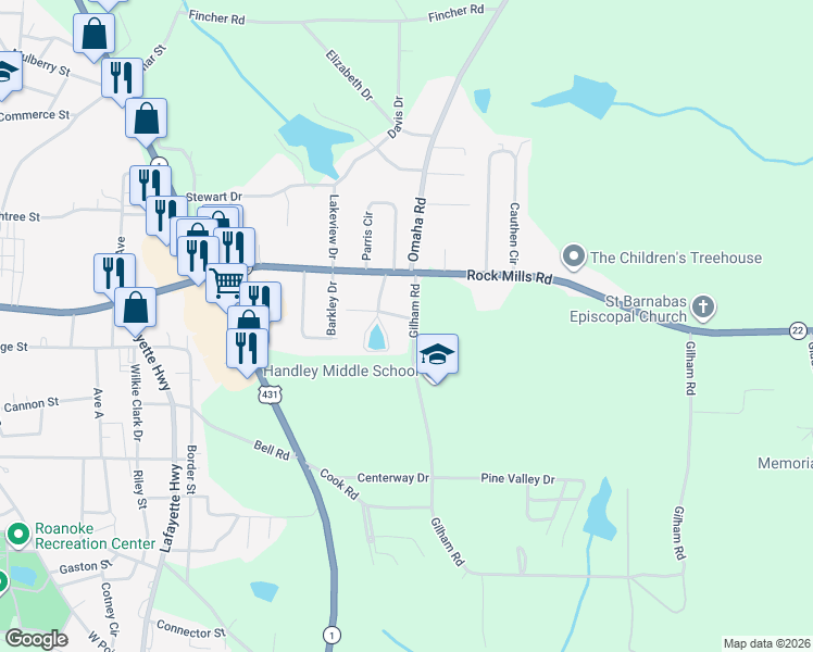 map of restaurants, bars, coffee shops, grocery stores, and more near 422 Douglas Drive in Roanoke