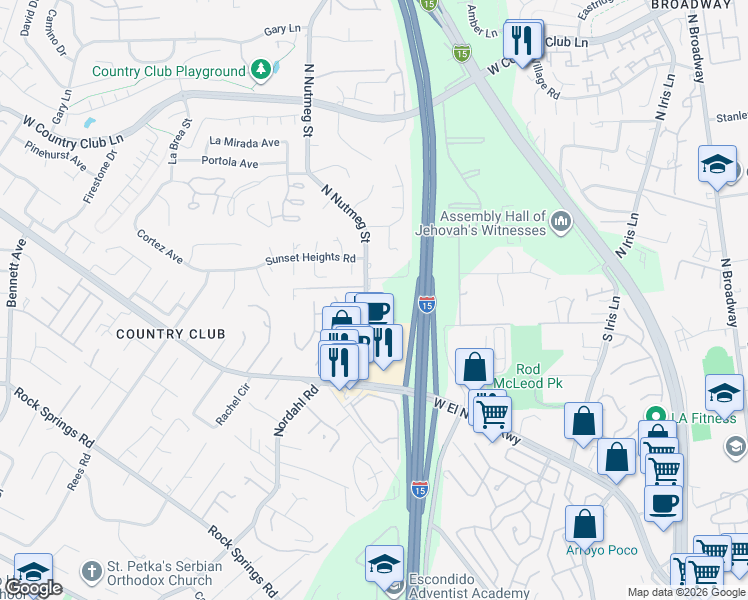 map of restaurants, bars, coffee shops, grocery stores, and more near 1822 North Nutmeg Street in Escondido