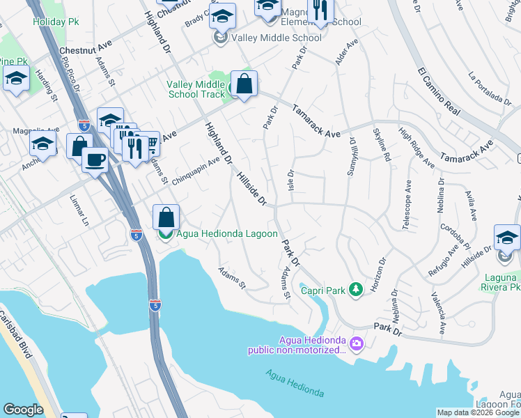 map of restaurants, bars, coffee shops, grocery stores, and more near 4269 Hillside Drive in Carlsbad