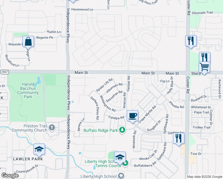 map of restaurants, bars, coffee shops, grocery stores, and more near 15243 Viburnum Road in Frisco