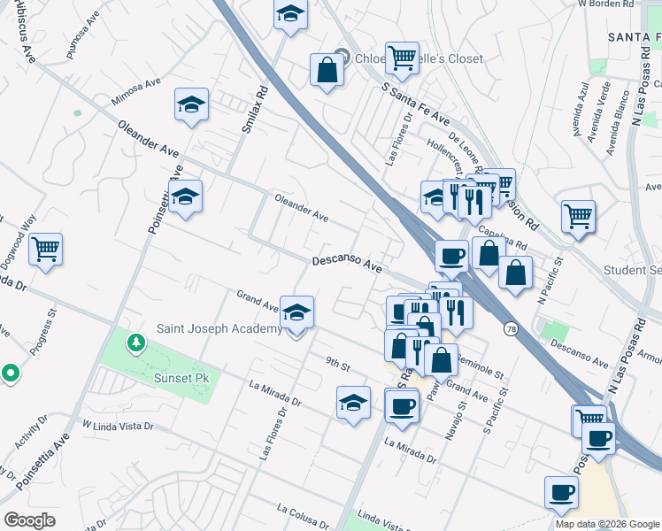 map of restaurants, bars, coffee shops, grocery stores, and more near 3355 Descanso Avenue in San Marcos
