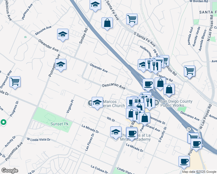 map of restaurants, bars, coffee shops, grocery stores, and more near 3355 Descanso Avenue in San Marcos