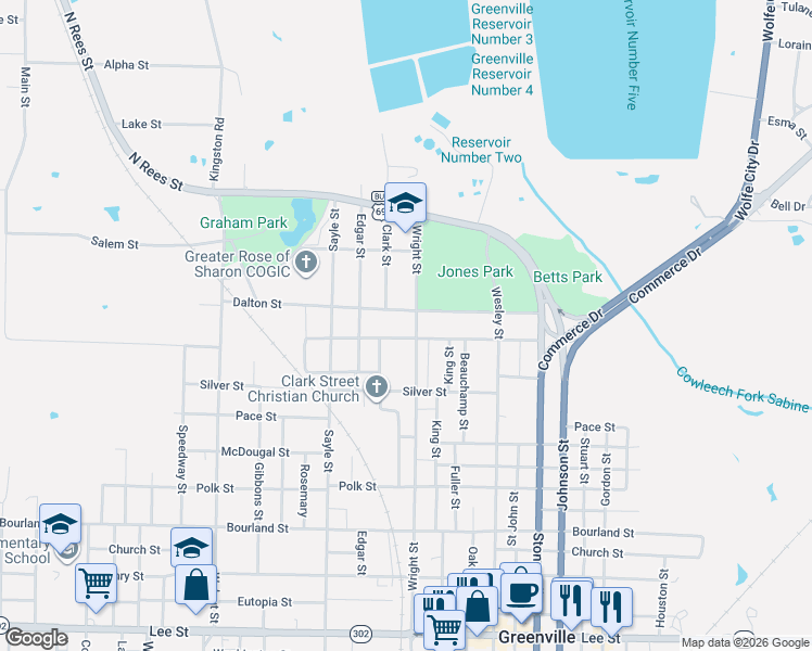 map of restaurants, bars, coffee shops, grocery stores, and more near 3108 Gillespie Street in Greenville