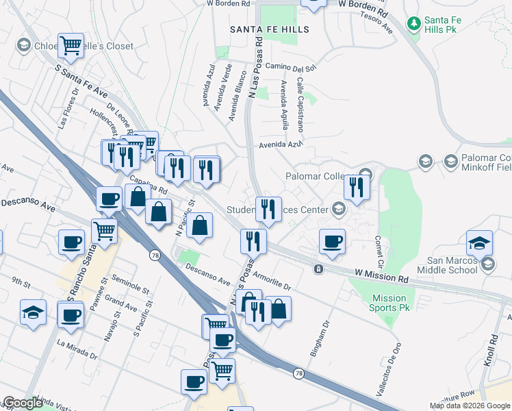 map of restaurants, bars, coffee shops, grocery stores, and more near 206 Palm Road in San Marcos