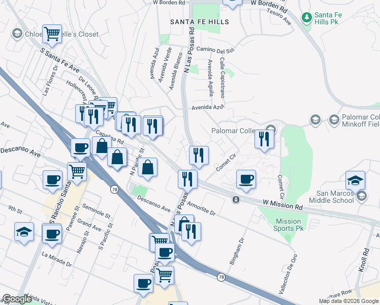 map of restaurants, bars, coffee shops, grocery stores, and more near 354-368 North Las Posas Road in San Marcos