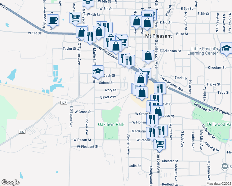 map of restaurants, bars, coffee shops, grocery stores, and more near 706 Baker Avenue in Mount Pleasant