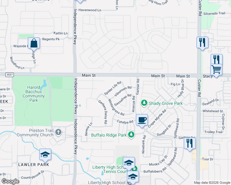 map of restaurants, bars, coffee shops, grocery stores, and more near 15243 Viburnum Road in Frisco