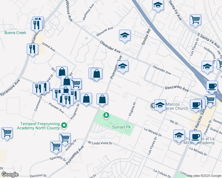map of restaurants, bars, coffee shops, grocery stores, and more near 3114 Palm Crest Terrace in San Marcos