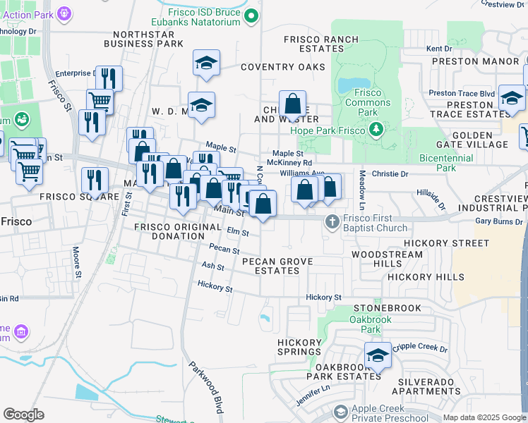 map of restaurants, bars, coffee shops, grocery stores, and more near 7510 West Main Street in Frisco