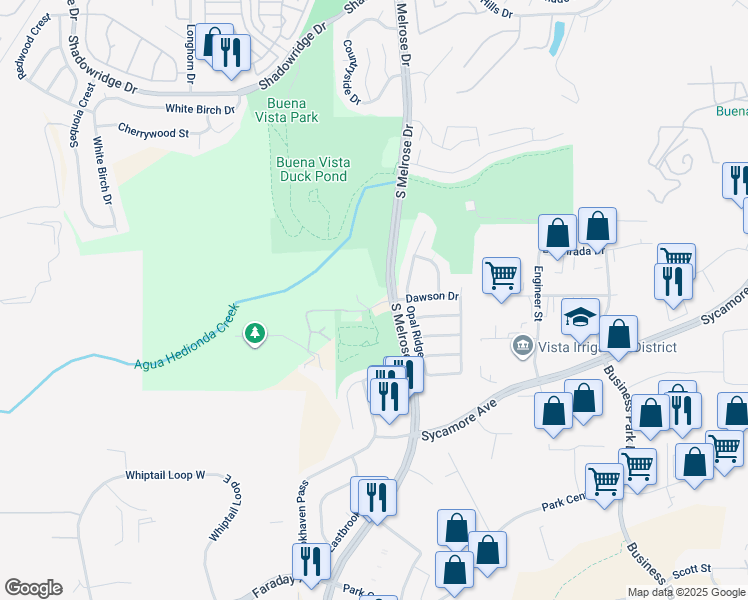 map of restaurants, bars, coffee shops, grocery stores, and more near 1610 Dawson Drive in Vista