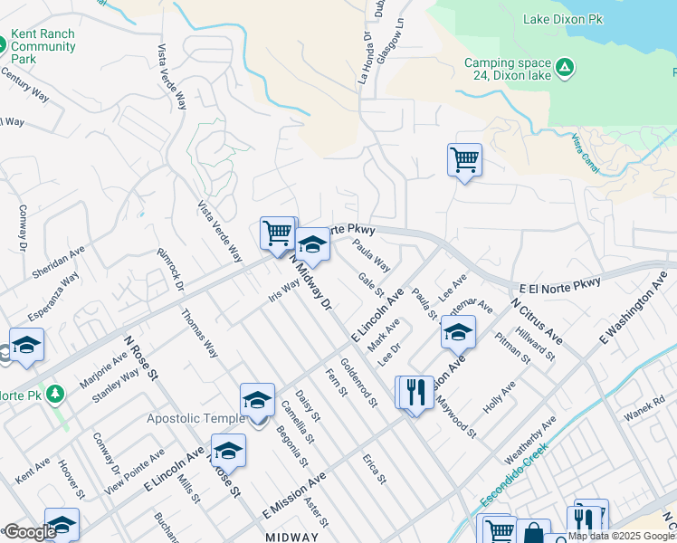map of restaurants, bars, coffee shops, grocery stores, and more near 1126 Kings Road in Escondido