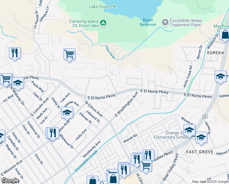 map of restaurants, bars, coffee shops, grocery stores, and more near 705 Sungold Way in Escondido