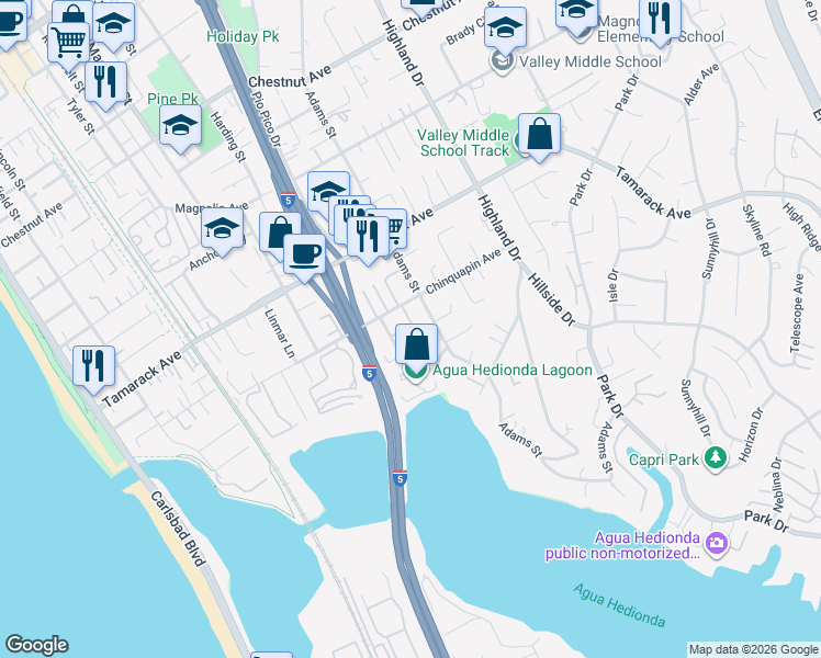 map of restaurants, bars, coffee shops, grocery stores, and more near 4031 Bluff View Way in Carlsbad