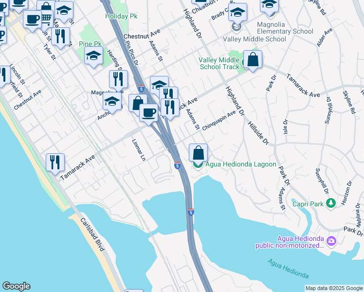 map of restaurants, bars, coffee shops, grocery stores, and more near 1003 Chinquapin Avenue in Carlsbad