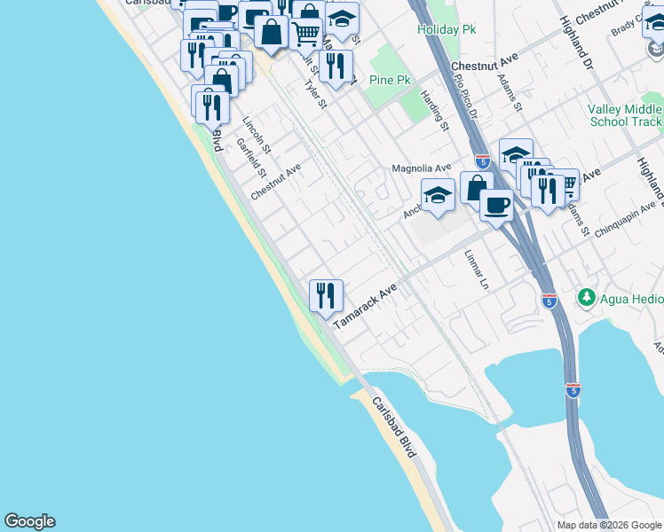 map of restaurants, bars, coffee shops, grocery stores, and more near 3770 Garfield Street in Carlsbad