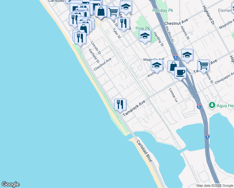 map of restaurants, bars, coffee shops, grocery stores, and more near 138 Juniper Avenue in Carlsbad