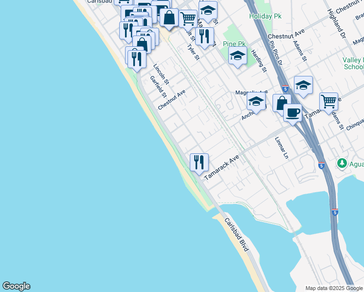 map of restaurants, bars, coffee shops, grocery stores, and more near 138 Juniper Avenue in Carlsbad